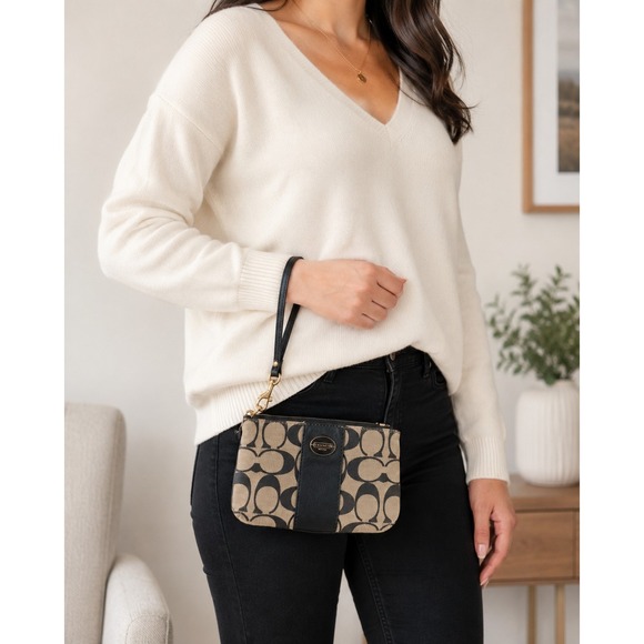 Coach Handbags - Coach Signature Jacquard Wristlet – Black & Khaki Tan Canvas